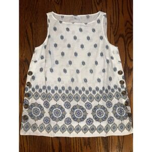 J. Jill Love Linen White Sleeveless Tank Top Geometric Print Button Size XSP